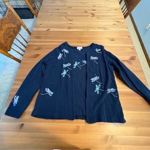 The Quacker Factory Womens VTG Cardigan Sweater Navy Embroidered Dragon Fly